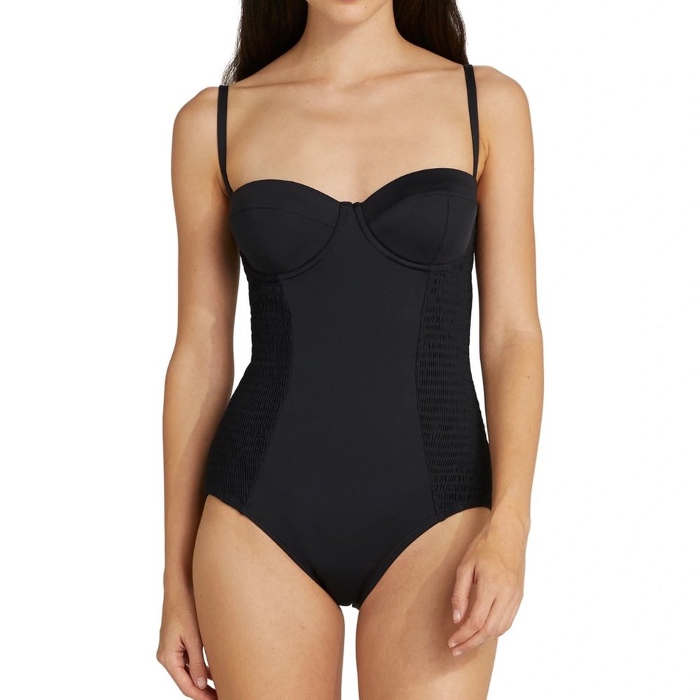 Kate Spade Smocked Underwire One Piece Swimsuit - Black NWT M